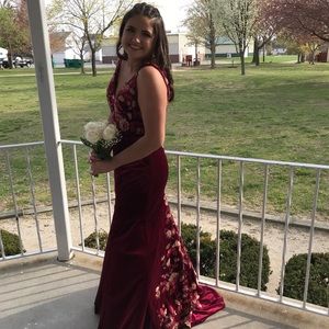 maroon velvet beaded floral prom dress